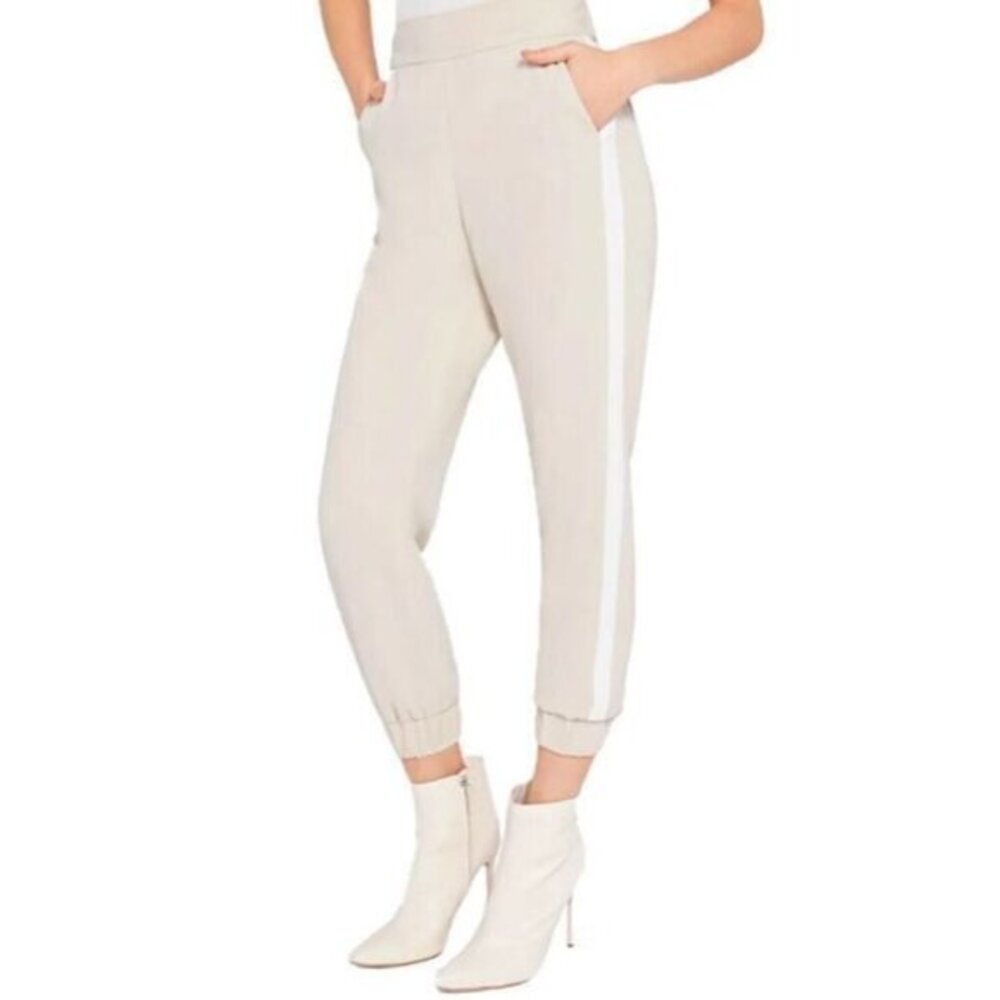 Alice + Olivia Pete Jogger Pants Beige White Stripe Casual Trousers SZ M New